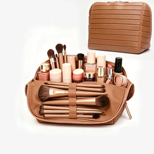 Geelraqaly Travel parallel vertical Makeup Bag with Fold-Down Design and Adjustable Dividers upright Cosmetic Toiletry Bags Brown