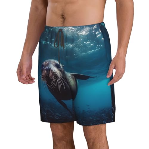 Underwater Sea Lion Men's Casual Shorts Drawstring Summer Beach Shorts Quick Dry Bathing Suits Hawaii Swim Trunks2