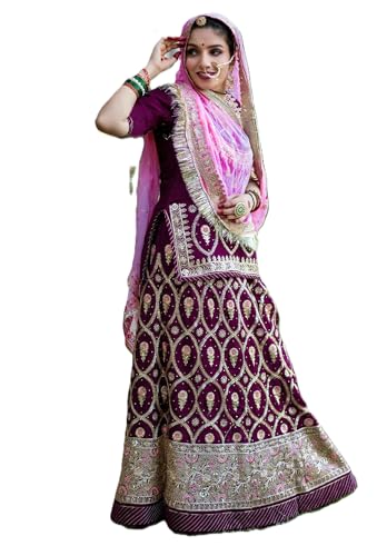 Image of Heavy Embroidery Work Semi Stitched Shimmer Silk Rajputi Poshak For Women Rajasthani Lehenga Choli