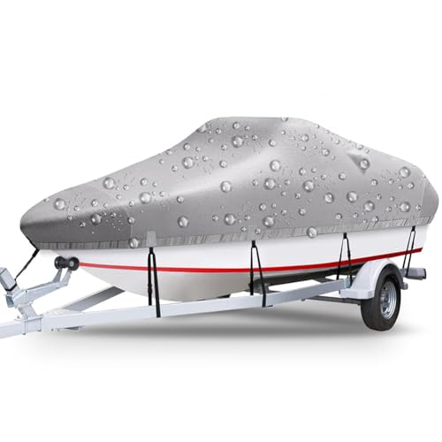 Boat Cover, Waterproof Trailerable Boat Cover, Heavy Duty Uv Resistant Marine Grade Outboard Cover 420D Silver-Coated Oxford Cloth for Bass Boat V-Hul