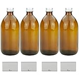4 Braunglasflaschen mit Schraubverschluss Metall, silberfarben inkl. 4 Klebeetiketten