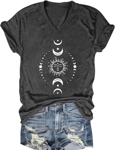 Vintage Stars and Moon V-Neck Tshirt Women Celestial Moon Phase Sun Shirts Summer Graphic Short Sleeve Tee Tops(Dark Gray1-XXL)
