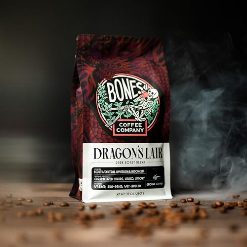 Bones Coffee Company Dragon's Lair, Smokey, Cacao and Caramelized Sugar Notes, Unflavored Coffee, Medium Roast Low Acid Arabica Beans Compatible with Auto drip and French Press Coffee Maker, 12 Oz Ground