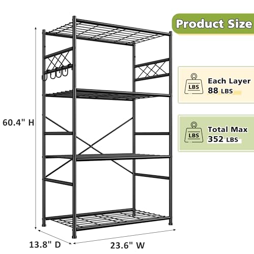 Image of DurayLoly Storage Shelves 4 Tier Shelf Organizer,Metaling Shelving with Hooks,Heavy Duty Garage Shelves Unit with Leveling Feet,Wire Shelving for Pantry,Kitchen and Closet,23.6 inch W x 13.8 inch D x 60.4 inch H