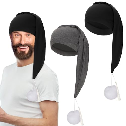 Erogeen 2 Pcs Night Sleeping Cap Men Adjustable Drawstring Sleep Night Cap with Pom Pom for Costume Daily Party Supplies (Black+Dark Grey)