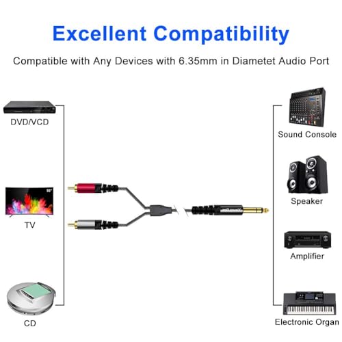 Cable 6.35 mm a 2 RCA 12 pies Splitter miniatura 3