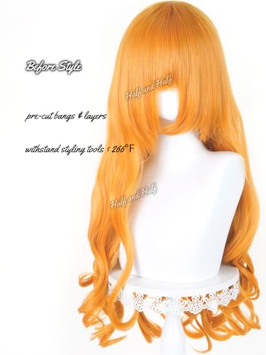 Image of Half and Half Long Curly Orange Anime Pirate Cosplay Wig for Women 31.5'' Vibrant Orange Ginger Wave Wig for Halloween Party Costumes Daily