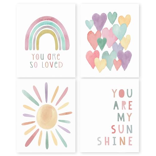 Image of HRQKO Boho You Are My Sunshine Wall Decor Poster Set of 4, Nursery Wall Decor Girl, Boho Inspirational Quotes Prints Posters Wall Decor, Rainbow Decor for Baby Girls Room Nursery 8”x10” Unframed