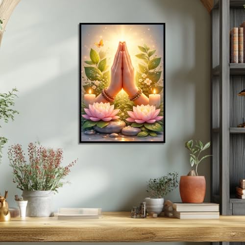 Image of 5D Diamond Art Kits for Adults, Praying Hands Diamond Painting Kits for Beginners, Lotus DIY Full Drill Round Rhinestone Gem Art Crafts Paintings for Spiritual Harmony and Home Wall Decor 12 x 16 inch