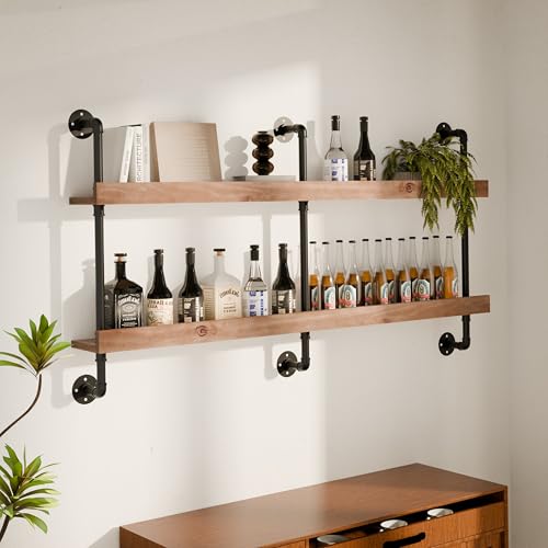 Image of Bar Shelves, Wall Mounted Wine Rack, Weathered Brown, 60 Inch | 2 Tier, Industrial style, Solid pine shelves, black pipe brackets, 70 lbs per shelf, wine, liquor, bar decor