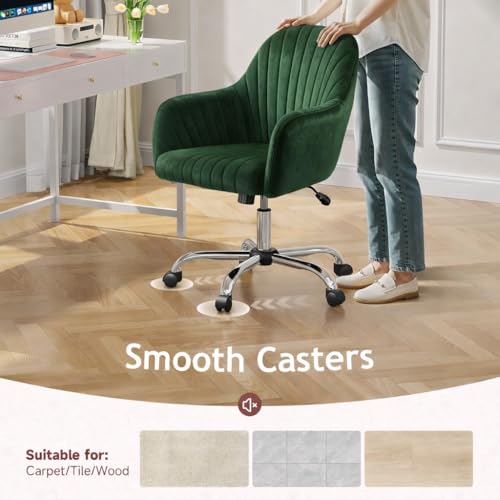 Image of AZAKEE Velvet Office Chair with Wheels & Armrests - Mid-Back Swivel Desk Chair for Home Office, Study, Bedroom & Vanity - Adjustable Height, Comfortable & Stylish (Green)