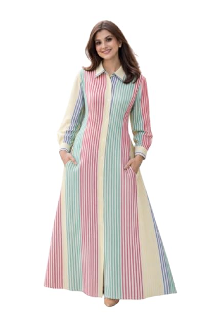 sarinku Women’s Multicolor Striped A-Line Gown Nida Fabric Full Length Maxi Gown with Pocket Front Button Stylish Casual Wear Gown for Women-picture-39
