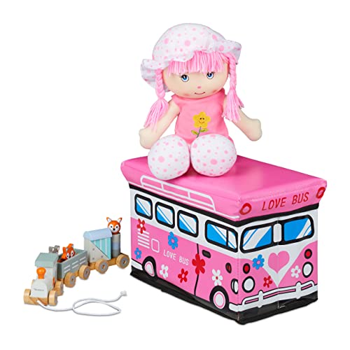 Baúles para Juguetes Relaxdays Caja de Almacenamiento Plegable para Juguetes (27 x 40 x 25 cm), Color Rosa, Love Bus, 1 Unidad