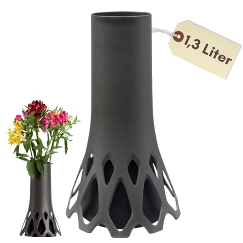 Grabvase mit Sockel Friedhofvase Grab Vase Friedhof Wetterfest Grabschmuck Vase für Grab Grabdekoration Grabvase Kunststoff Frostsicher Blumenvase Anthrazit 1,3 L