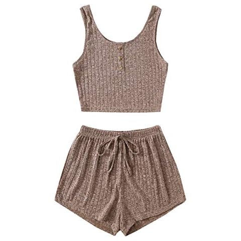 SOLY HUX Women's Button Front Ribbed Knit Tank Top and Shorts Pajama Set Sleepwear Lounge Sets Mocha Brown M Cover