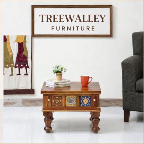 Image of Sheesham Wood Small Square Centre Coffee Table for Living Room | Centre Table for Drawing Room, Office & Home | Multicolour Tiles Design| Honey Finish