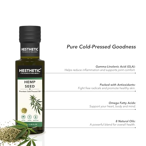 Image of HESTHETIC Cold Pressed Hemp Seed Oil 100ml | Unrefined Virgin Food-Grade Hemp Seed Extract | Rich in Plant Omega-3 & Omega-6 | Salad-Drizzle & Finishing Use | Glass Bottle