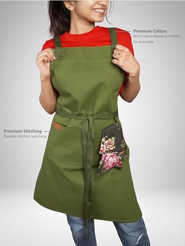 Image of Kitchen Apron - 100% Cotton, Adjustable Neck strap, Large Pocket - Unisex Apron for Men & Women - Cooking, Baking, BBQ, Gardening - Solid Colours, Striped and Checkered Patterns