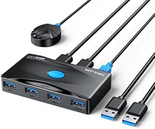 MT-VIKI USB 3.0 Switch 4 Port USB Switch Selector 5Gbps High-Speed Peripheral Sharing Switcher for 2 Computer Share Mouse Keyboard Compatible with Laptop Scanner Printer 2 Pack Cable