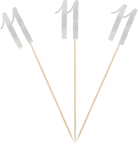 Palitos de centro de mesa de cumpleaños número 11 con purpurina plateada, paquete de 12 decoraciones de fiesta de aniversario número 11