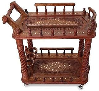 HusNain Wooden Handmade Serving Trolley with Wheel -Folding Wood Kitchen Mobile 2-Tier Storage Rack for Serving Tea, Coffee, Snacks and Food - Kitchen Storage CartRolling Bar Cart Wine Serving Cart