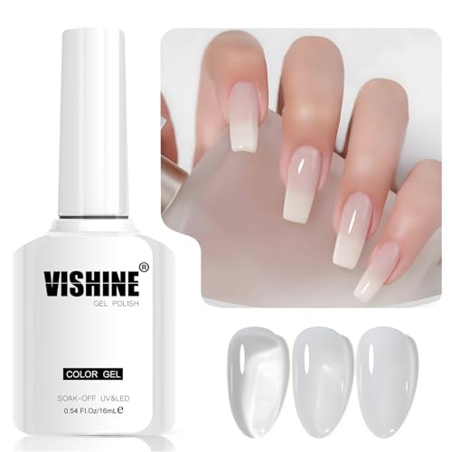 Vishine 16 ml Smalto Gel Semi-Permanente Trasparente, Smalto per Unghie Gel Cristallo Gelatina Colore Traslucido Soak-Off UV LED per Nail Art Manicure Home DIY L277 Bianco Giada Trasparente