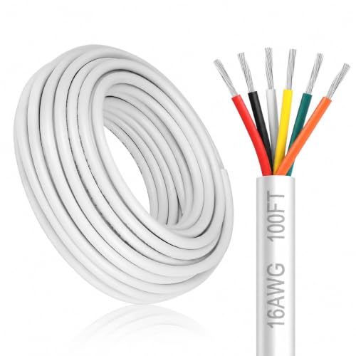 16 Gauge 6 Conductor Electrical Wire, 100FT/30M White Stranded 16/6 Tinned Copper PVC Cable, Extension Wire for LED Strip Lights, Automotive Wiring, Speaker, Alarm, Access Control