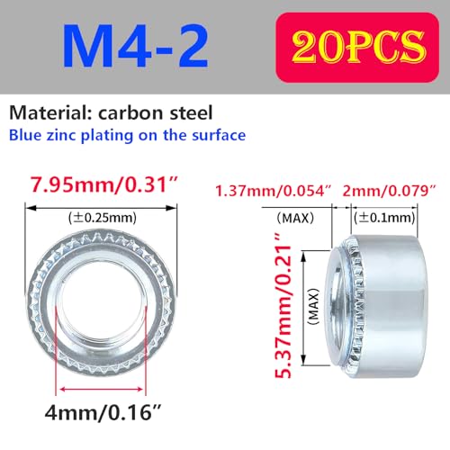 Qrity 20 Stück Muttern, M4-2mm Selbstsichernde Muttern Drucknietmutter, Verzinkter Karbonstahl, Selbstklemmmuttern für Bleche