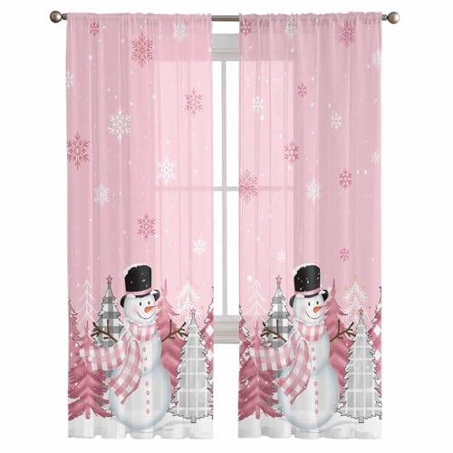 Christmas Snowman Sheer Curtains 84 Inches Long Pink Voile Curtains