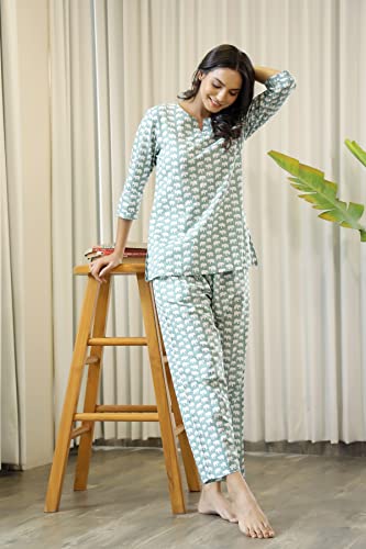 Image of SANSKRUTIHOMES Women's Premium 100% Cotton Printed Co-Ord Set | Short Sleeve Shirt & Pant Set | Pink Checkered Sun & Palm Tree Print | Casual Summer Resortwear, Vacation Wear & Comfortable Loungewear