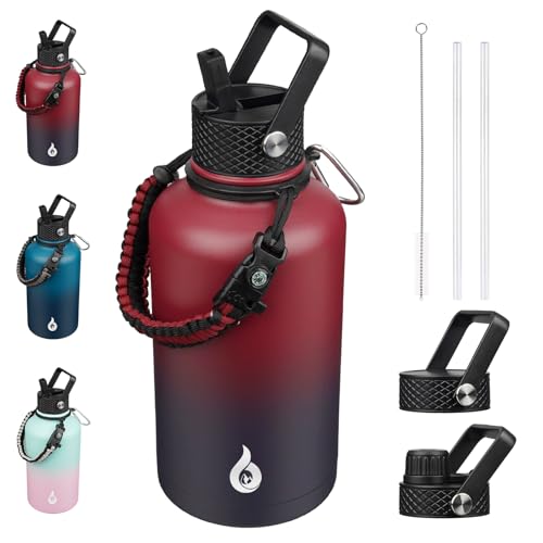 Image of BJPKPK Half Gallon Insulated Water Bottles with 3 Lids and Paracord Strap, 64oz Large, Stainless Steel Water Bottles with Straw Lid, Half Gallon Water Jug,Charming Red