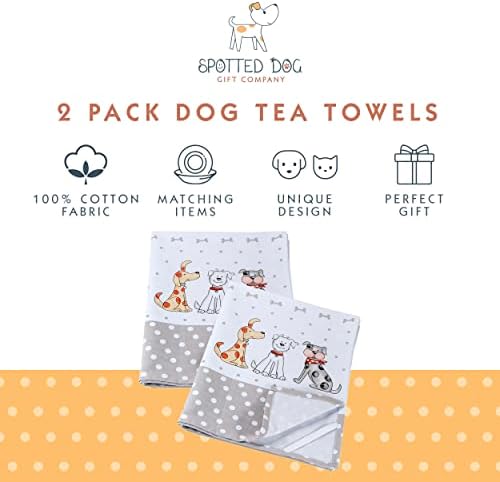 SPOTTED DOG GIFT COMPANY Tea Towels for Kitchen, Pack 2 pcs Dish Towels 100% Cotton Absorbent, 70 x 50cm, Cute Dog Themed Kitchen Accessories & Gifts for Dog Lovers