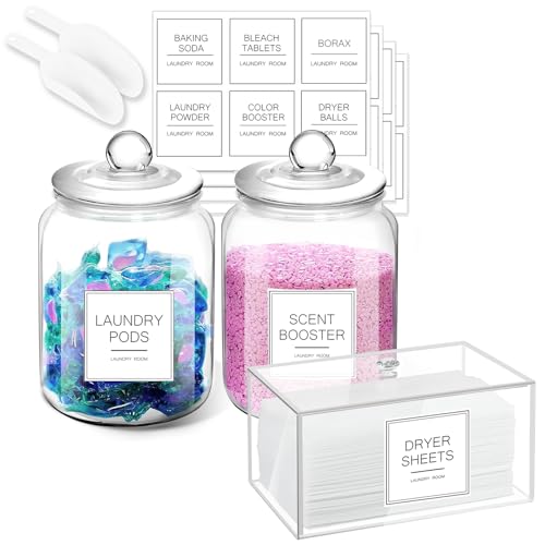 FyndraX Laundry Glass Jars with Dryer Sheets Holder, Containers with Scoop and Labels for Laundry Room Organization and Storage Detergents Pods or Powder, Scent Booster Beads, Set of 3
