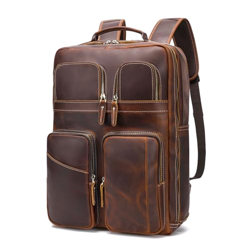 Vintage Full Grain Leather Backpack for Men, Multifunctional Pockets 17.3” Laptop Travel Daypack Shoulder Rucksack