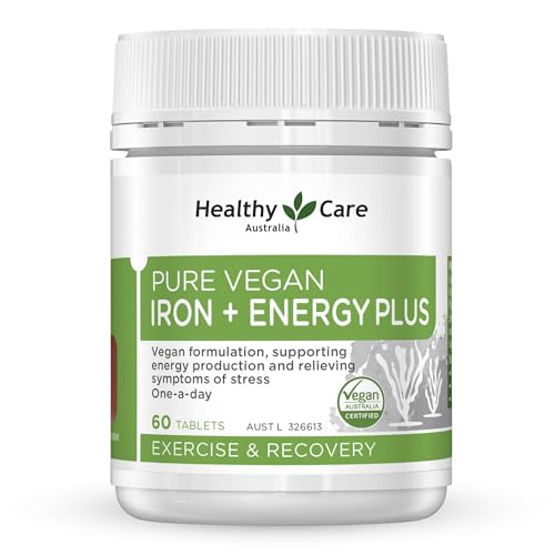 Healthy Care Vegan Iron and Energy Plus - Supports Energy, Reduces Fatigue & Enhances Immune Function - Premium Dietary Supplement - Contains Vitamins B12 & Zinc - 60 Tablets