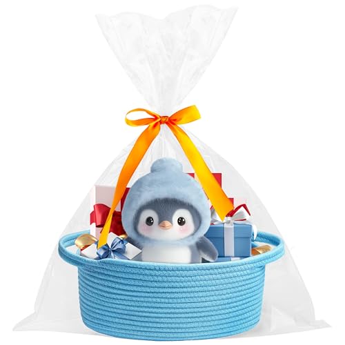 Image of Pro Goleem Small Woven Basket with Gift Bags and Ribbons Durable Baskets for Gifts Empty Small Rope Basket for Storage 12 inchX 8 inch X 5 inch Baby Toy Basket with Handles, Blue