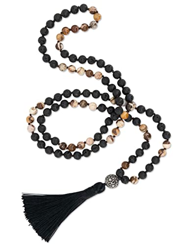 BENAVA Mala Kette aus 108 Lava Stein Perlen Schwarz | Yoga Kette Lang mit Quaste und filigran gearbeiteten Anhänger | 100 cm Cover