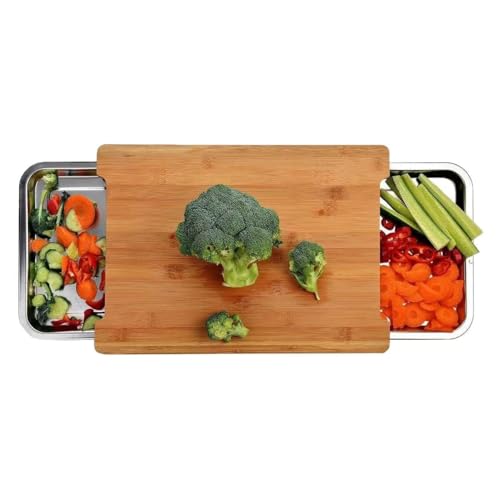 Tabla de cortar rectangular grande de bambú con bandejas de acero miniatura 3