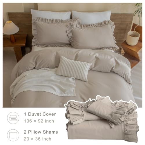 Image of QSH Washed Cotton Queen Duvet Cover Set Ruffle Duvet Cover Linen Textured Farmhouse Shabby Vintage Chic Bedding Comforter Cover 3 PCs Aesthetic French Country Queen Bed Set