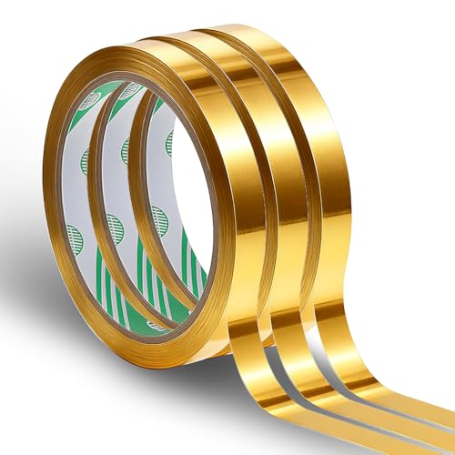 Psyqtsuary 3 Rolls Gold Tape for Crafts 0.6 Inch Gold Tape Self Adhesive Golds Mirror Tapes Metallic Tapes DIY Golds Graphic ArtTape for Wall Decor TV Frame Crafts Decoration and Gift Box Wrapping