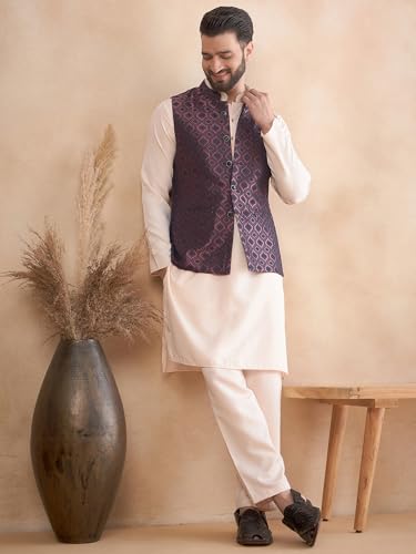 Image of Amazon Brand - Tavasya Mens Woven Design Mandarin Collar Nehru Jackets | Sleeveless Jacket | Ethnic Wear