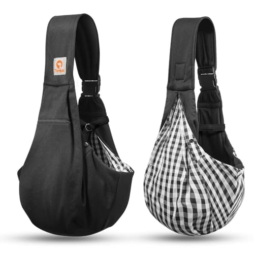 Tomkas Small Dog Sling Carrier - Cat Sling Carrier - Adjustable Strap & Zip Pocket - Suitable for Puppies (Black)