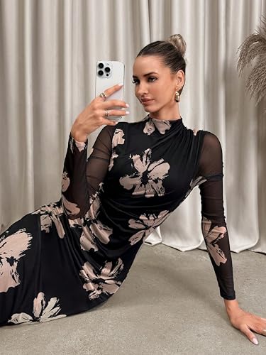 Image of Women's Summer Mesh Sheer Long Sleeve Midi Ruched Bodycon Dress Mock Neck Elegant Evening Party Cocktail Dresses