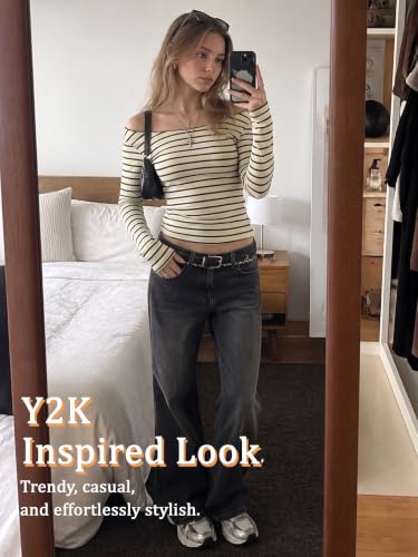 Image of Women Off Shoulder Striped Long Sleeve Top 2026 Fall Going Out Tee Shirts