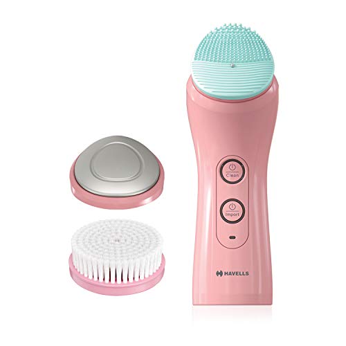 Image of Havells SC5070 Facial Cleansing Brush with 3 Heads for Exfoliation, Cleaning and Brightening Iontophoresis, Smart Alert to Assist Usage, Rechargeable (Pink)