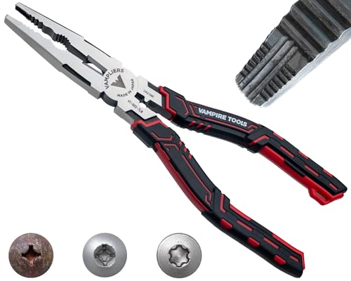 Image of VAMPLIERS CAIMAN 7.5 inch Stripped Screw Extractor Needle Nose Pliers. Made in Japan. Multipurpose Long Nose Screw Removal Plier with Wire Cutter & Crimper