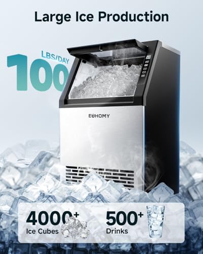 Image of EUHOMY Commercial Ice Maker Machine,100lbs /24H Stainless Steel Under Counter Ice Machine with 33lbs Storage Bin, Freestanding Ice Maker for Home /Bar /Cafe /Restaurant