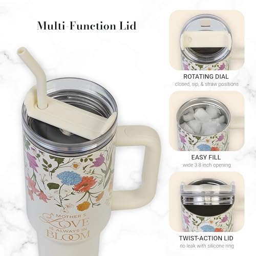Image of Christian Art Gifts Large Stainless Steel Insulated Travel Mug Tumbler for Women: A Mother's Love Inspirational Scripture, Sturdy Handle, Reusable Straw, Flip Lid, White Multicolor Floral, 18 oz.