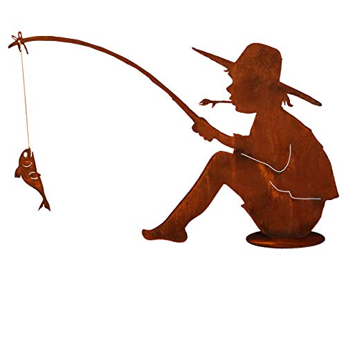 Angler MIT Fisch 60x90cm Rost Edelrost Metall Rostfigur Teich Gartendeko + Original Pflegeanleitung von Steinfigurenwelt