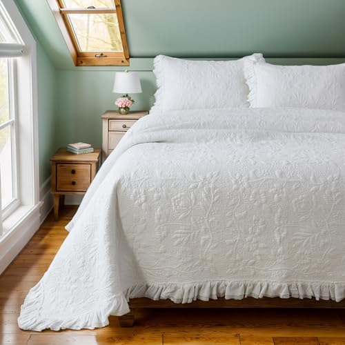 Brandream White Quilt Set Queen Size Cotton Shabby...